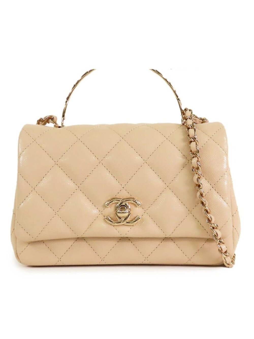 Chanel Top Handle Flap Bag Mini Beige Gold Caviar Leather 2-Way
